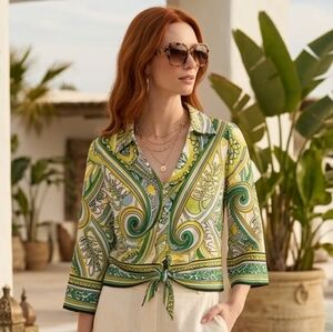 NWOT Joseph Ribkoff 12 Abstract Boho Resortwear Ornate Paisley Tie Front Blouse